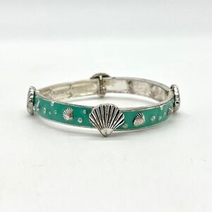 Seashell Bangle Bracelet Silver‎ Tone Green Enamel Beach Coastal Jewelry